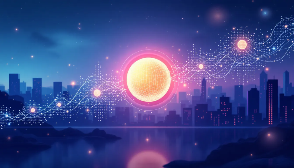 A glowing digital orb and data waves float above a quiet city skyline at night.