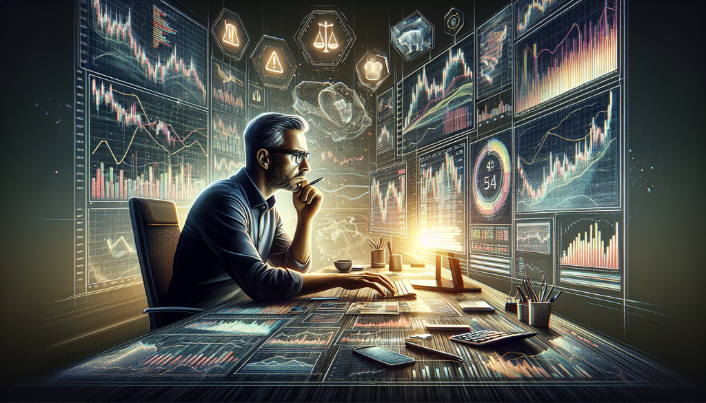 A professional trader sits at a desk surrounded by multiple glowing financial screens.
