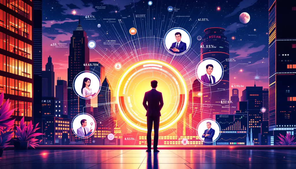 Market Participants and Roles, displays interconnected professionals within a digital city landscape.
