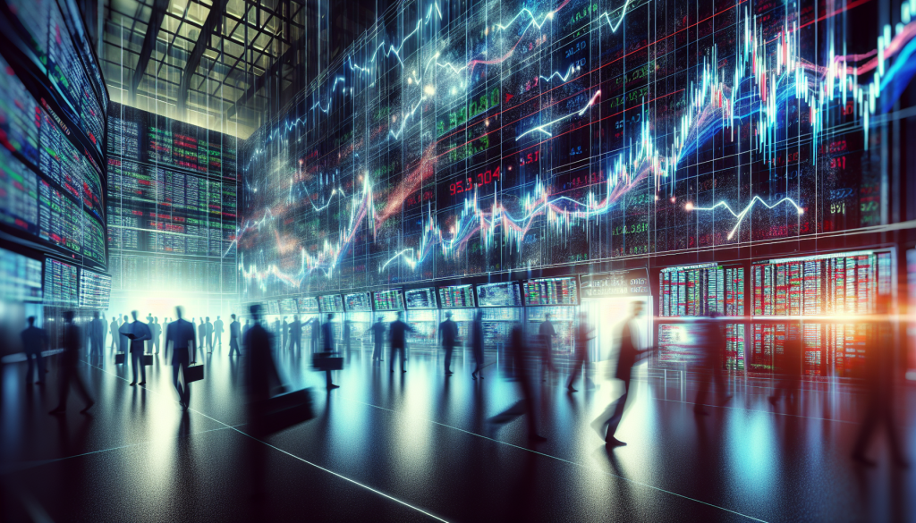 Silhouetted traders walk through a vast financial market hall glowing with digital charts.