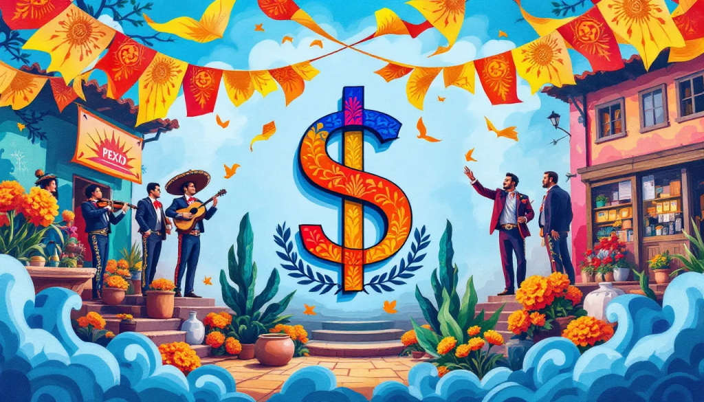 Mexican Peso Futures, depicts a colorful artistic scene featuring a large dollar symbol.