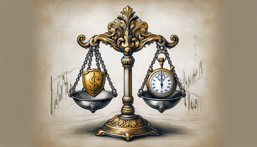 An ornate balance scale holds a dollar shield and a stopwatch against financial charts.