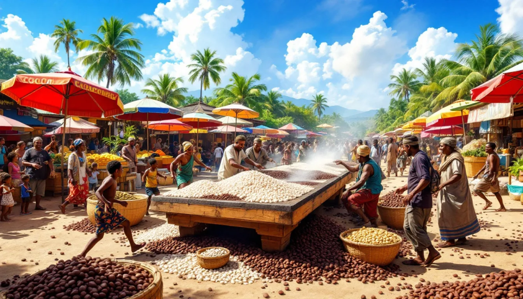 Physical Market, displays people processing harvested cocoa beans in an outdoor setting.