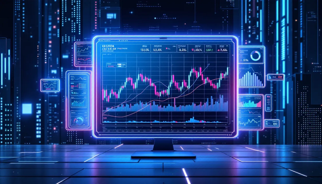 Popular Equity Index Futures Markets, shows digital trading charts on glowing screens.