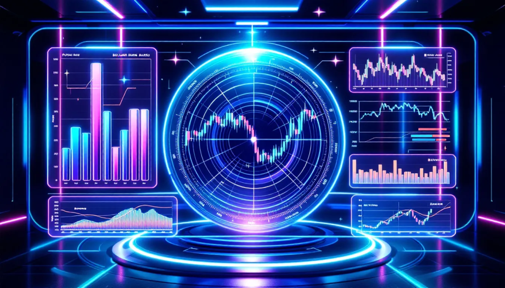 Digital radar displays show popular statistical models used for advanced futures trading analysis today.