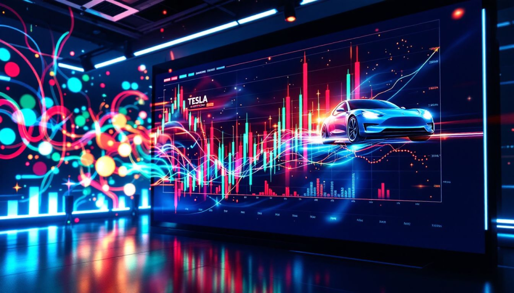 A dynamic display shows Tesla stock charts illustrating practical examples of volatility trading strategies.