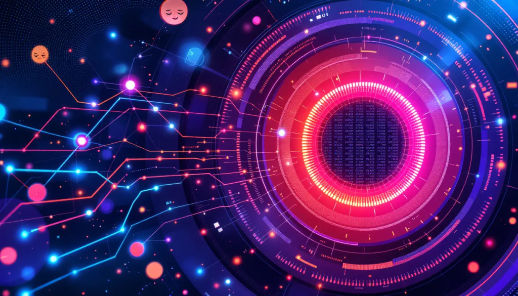 A complex circular digital interface displays glowing neon circuits and real-time data flows.
