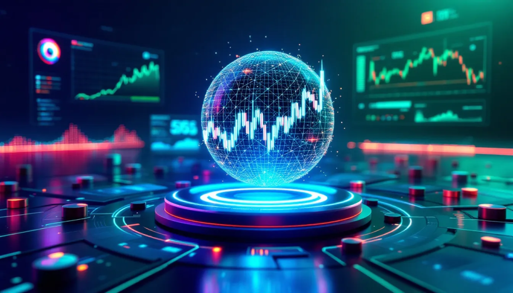 A glowing digital globe displays financial market data for real-world statistical trading applications.