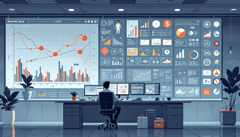 A trader analyzes complex relative value charts on large monitors in a modern office.