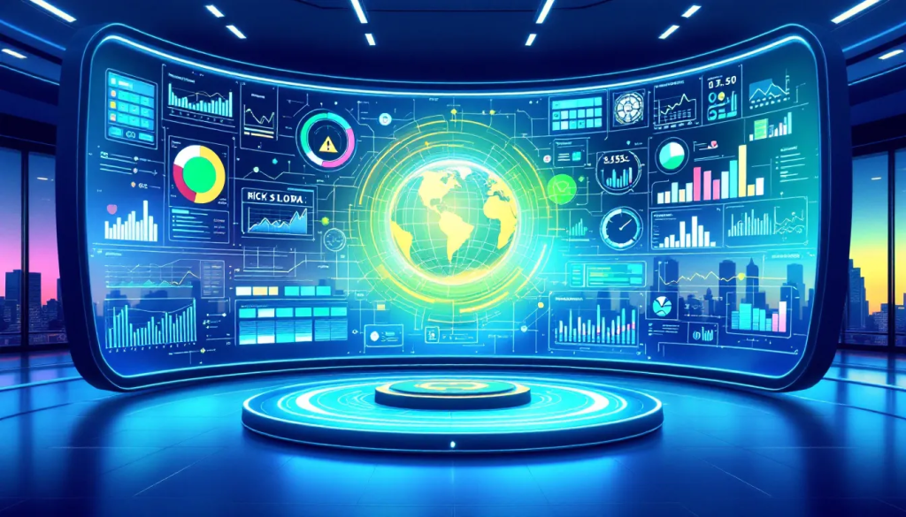 A large curved digital display shows financial data, charts, and a glowing globe.