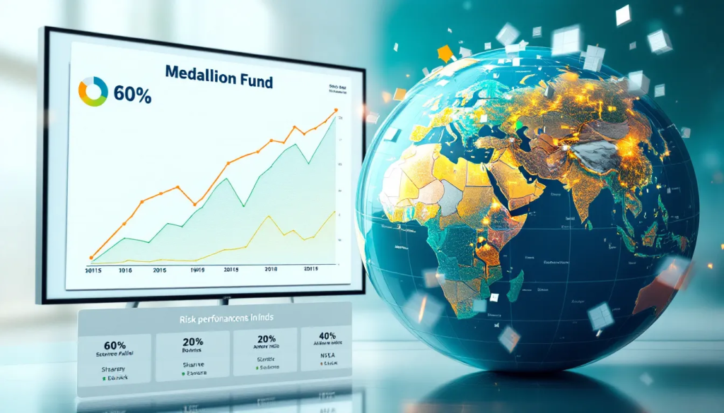A digital monitor displays fund growth charts next to a glowing world globe.