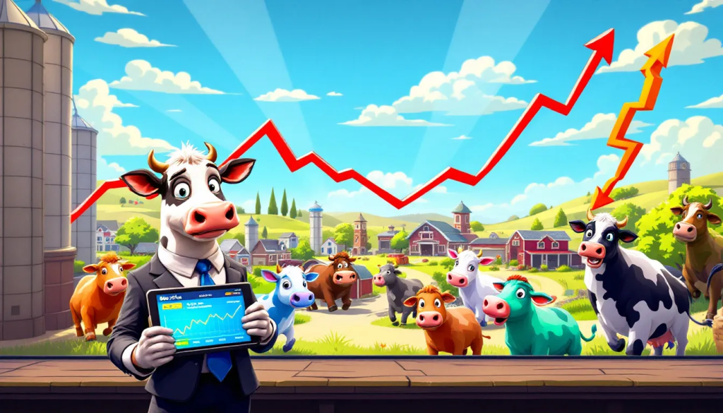 Risk Management in Feeder Cattle Trading image shows a cow analyzing market charts.