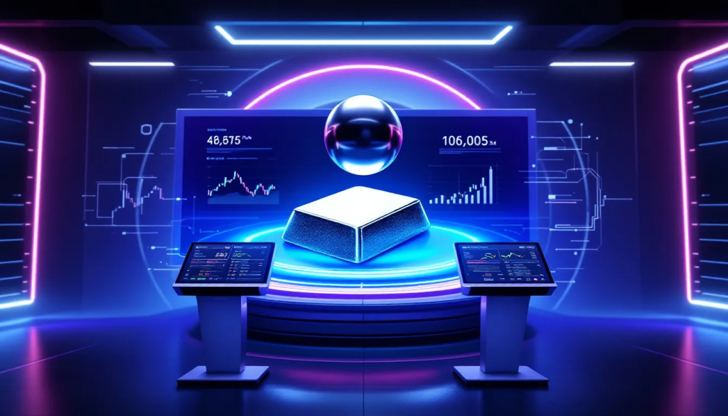 Risks and Benefits of Platinum Trading, shows a futuristic digital display environment.