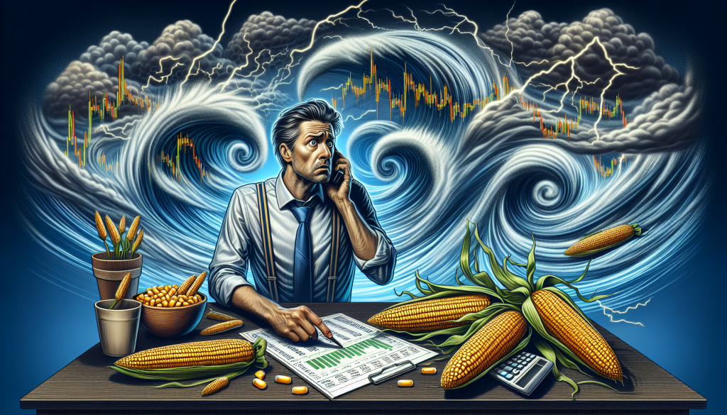 A concerned trader analyzes volatile market conditions amid the risks in corn trading activities.