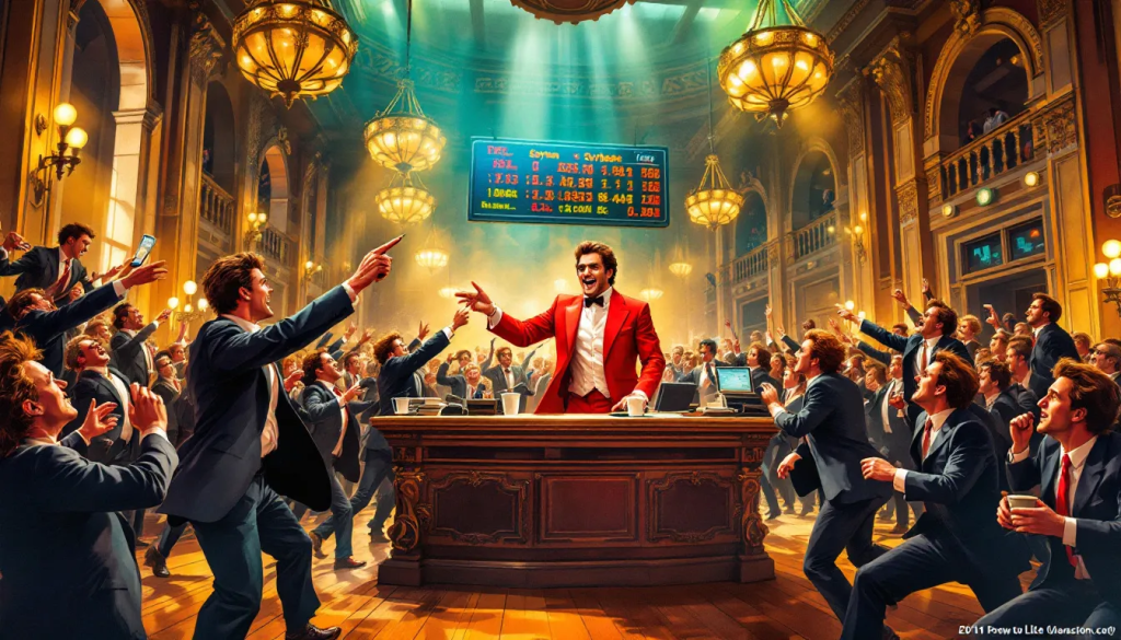 Traders in a grand hall react to soybean futures price data on the ticker.