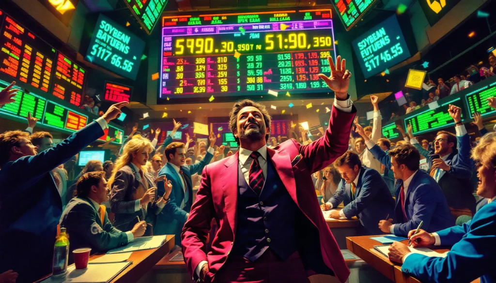 Traders react excitedly on a busy market floor while watching soybean price data tickers.
