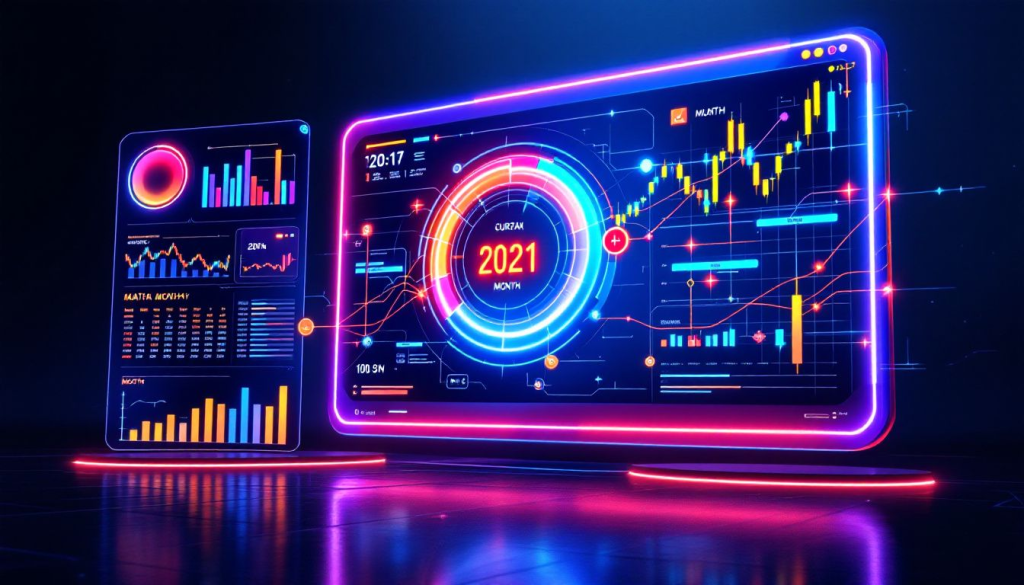 Vibrant neon charts display financial data for seasonal futures spread trading and market analysis.