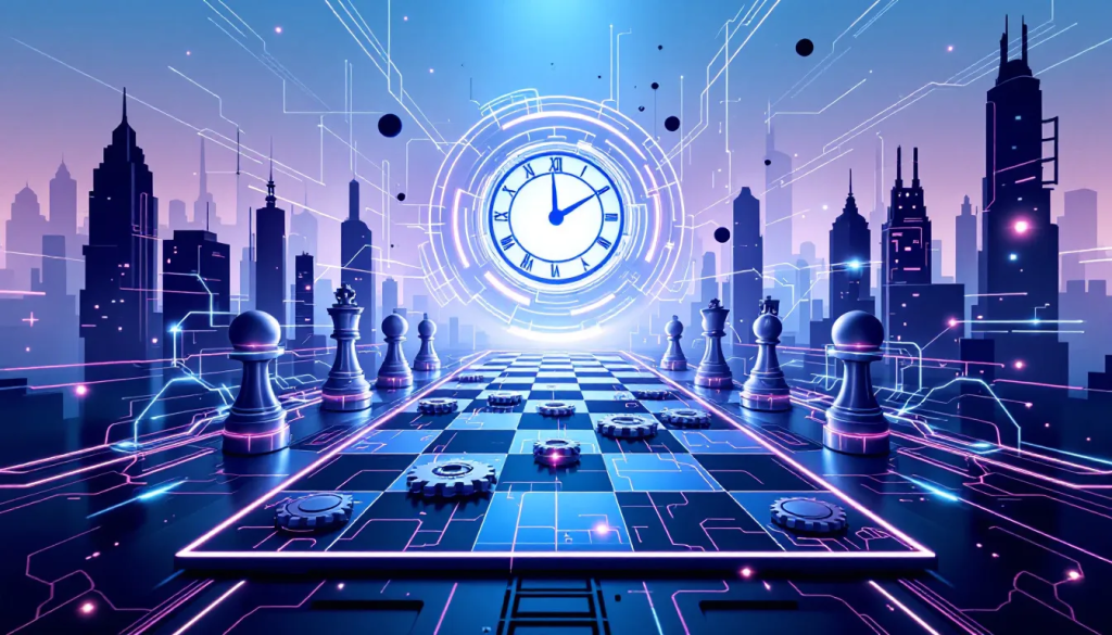 A futuristic glowing chessboard with chess pieces stands before a digital clock skyline.