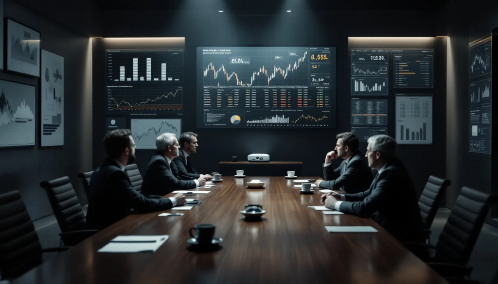 Business professionals sit around a long boardroom table facing financial display screens.