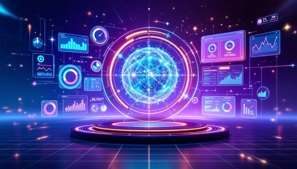 A futuristic digital interface displays data for sentiment analysis in futures trading market trends.