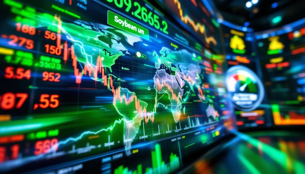Soybean Futures Contracts, displays digital charts analyzing global commodity market data trends.