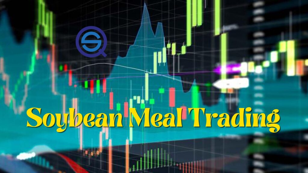 A financial candlestick chart is displayed behind the title for Soybean Meal Trading insights.