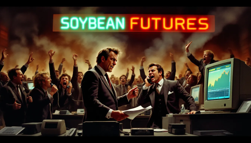 Soybean Trading Introduction image features traders reacting excitedly on a busy market floor.