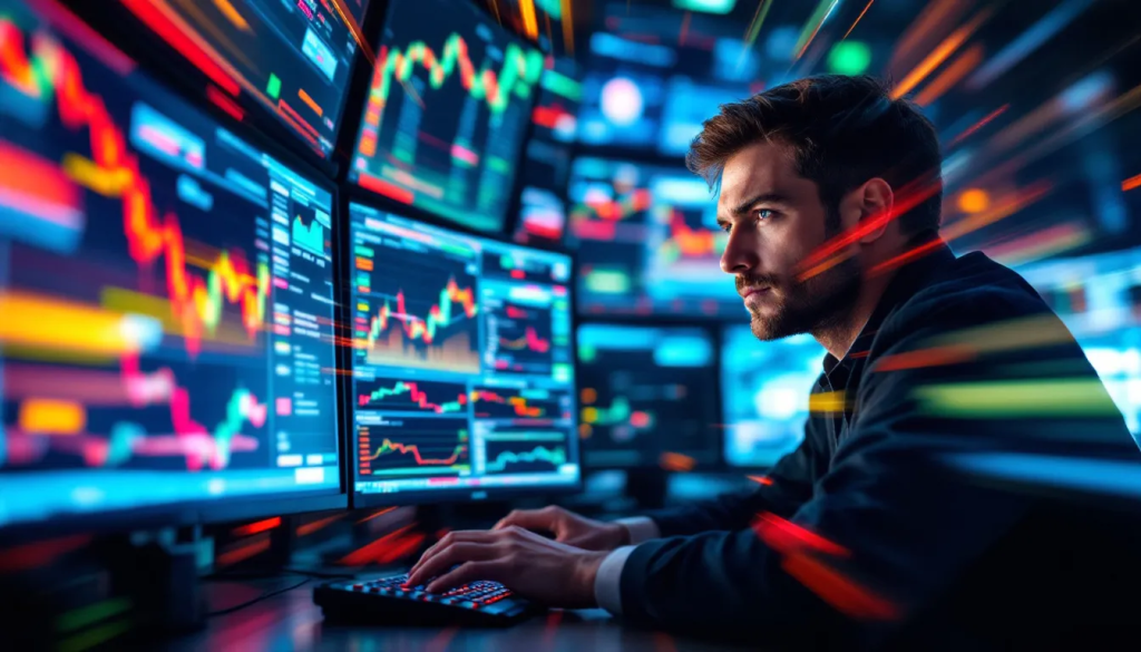 Start Trading Euro FX Futures, features a trader monitoring fast-moving financial charts.