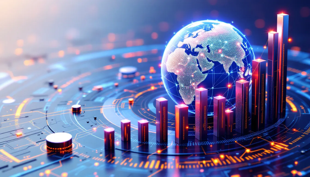 A glowing digital globe and bar charts represent statistical modeling in futures trading analysis.