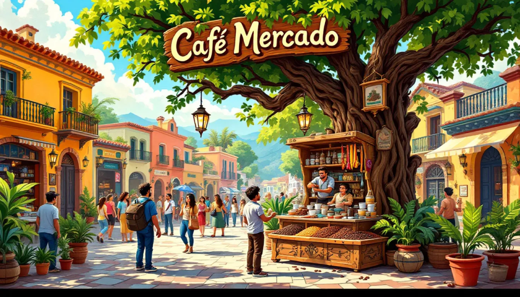 Steps to Start Trading Coffee, features a busy street with coffee vendors.