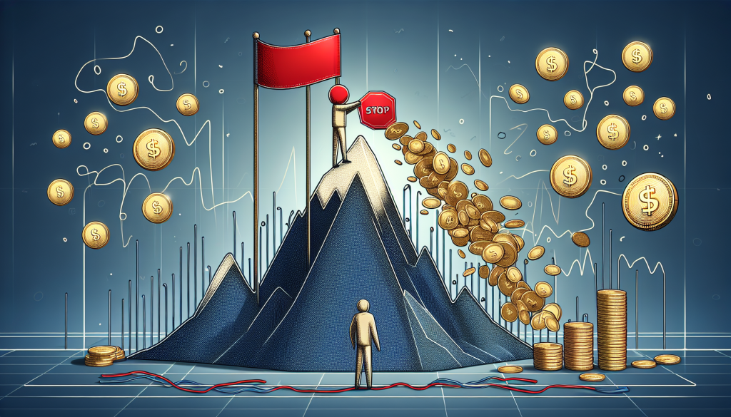 A small figure stands atop a mountain peak holding a stop sign near falling coins.