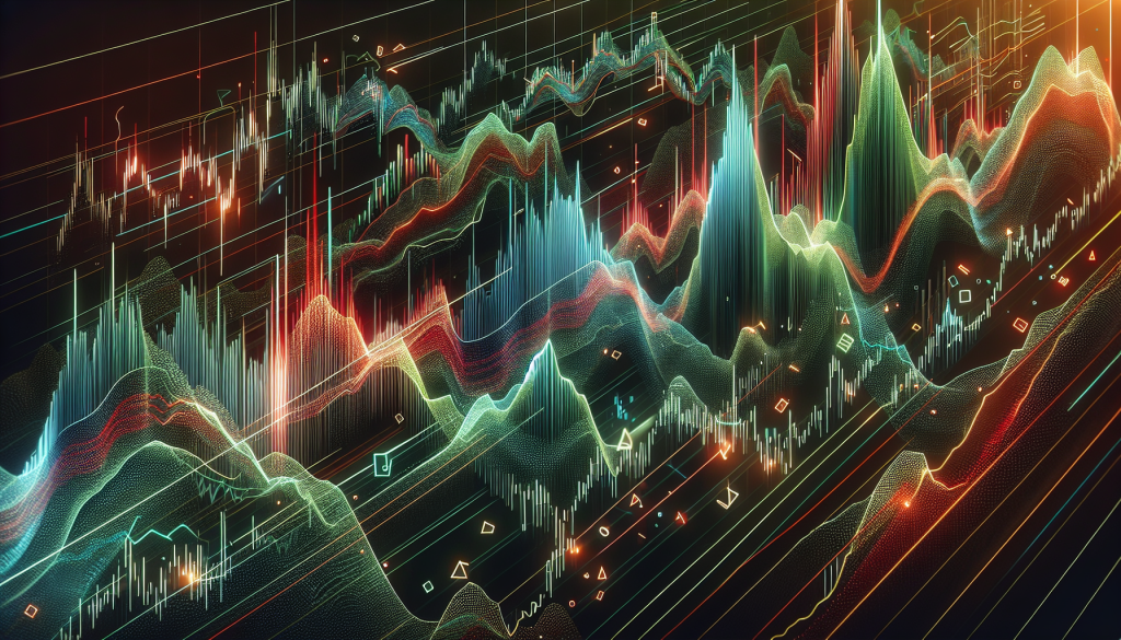 Neon-colored digital graphs and wavy lines flow across a dark stock market background.