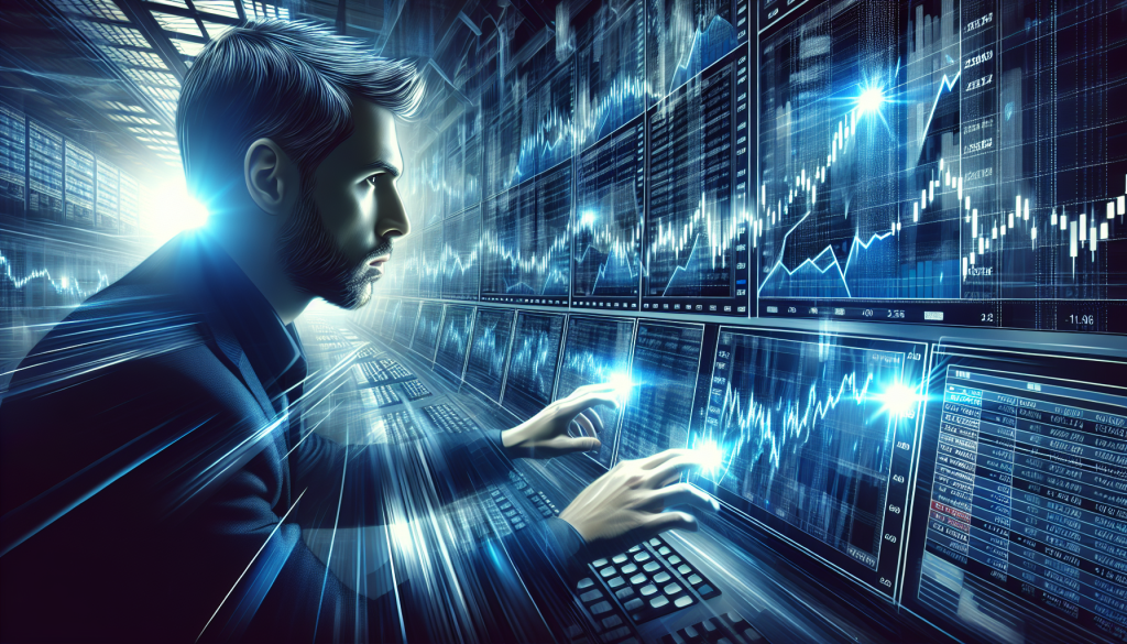 A focused trader types rapidly on a keyboard in front of glowing financial screens.