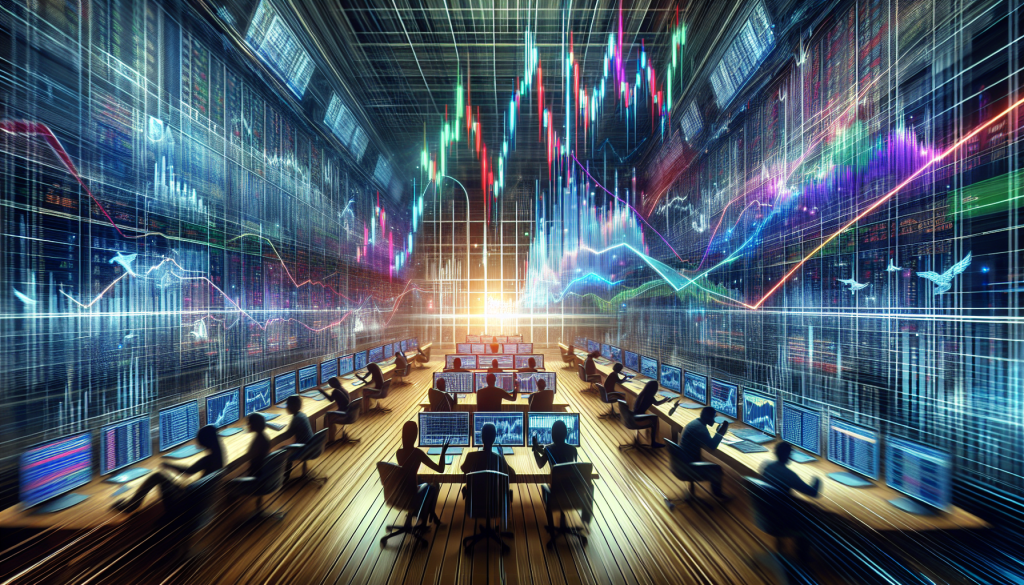 Multiple traders sit before glowing computer monitors inside a busy financial trading room.