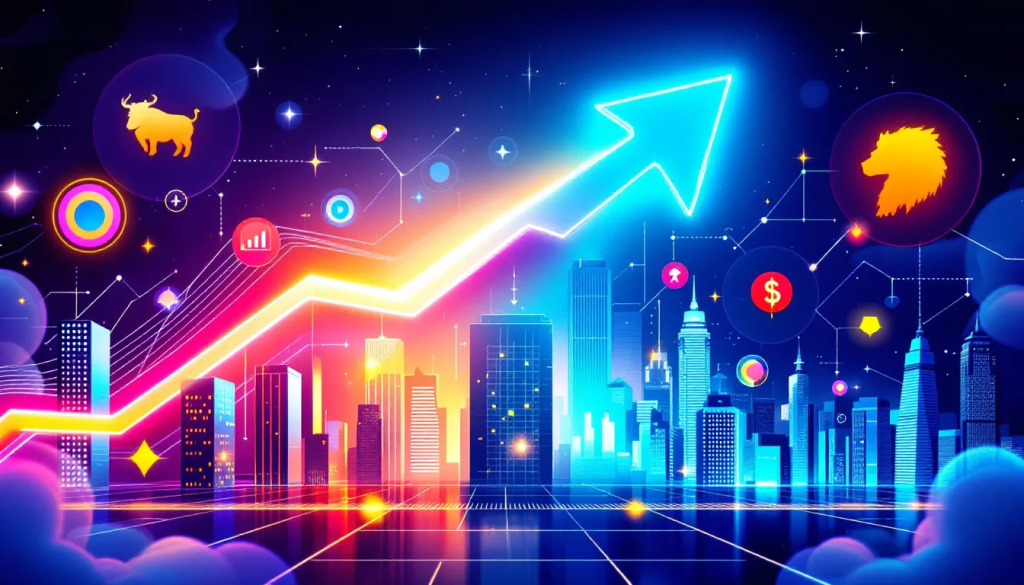 A glowing upward arrow over a city skyline illustrates strategies used in market making.