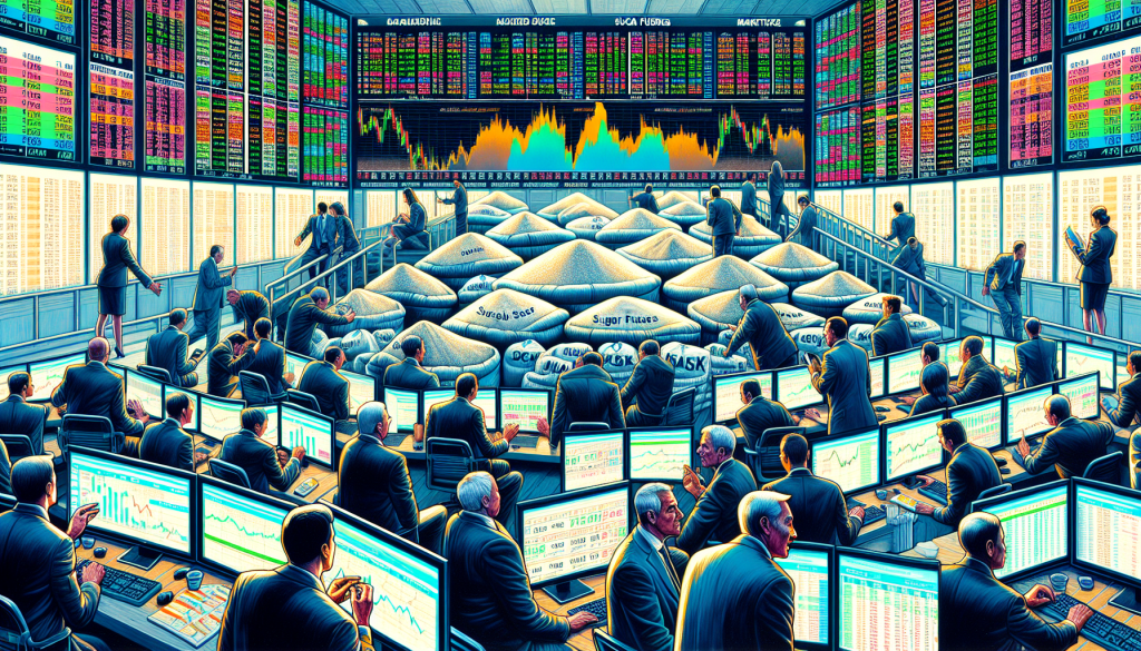 Sugar Futures Trading, shows a busy floor trading exchange with financial charts.