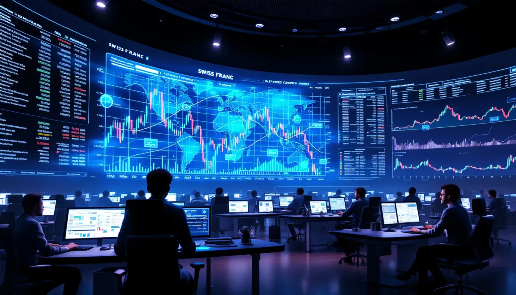 Swiss Franc Futures Contracts, shows traders monitoring advanced financial market data screens.