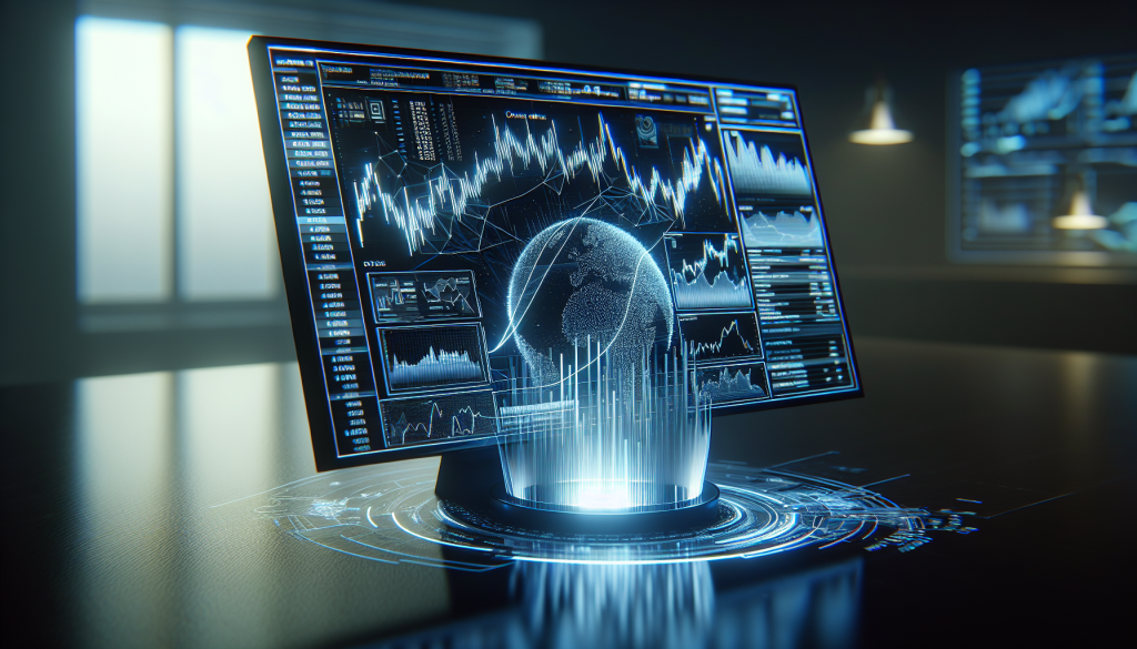 A glowing digital computer screen displays complex financial data and global market graphs.