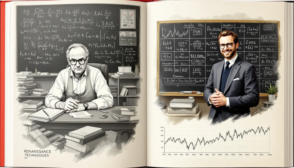 An open book displays illustrations of a mathematician working and a businessman smiling.