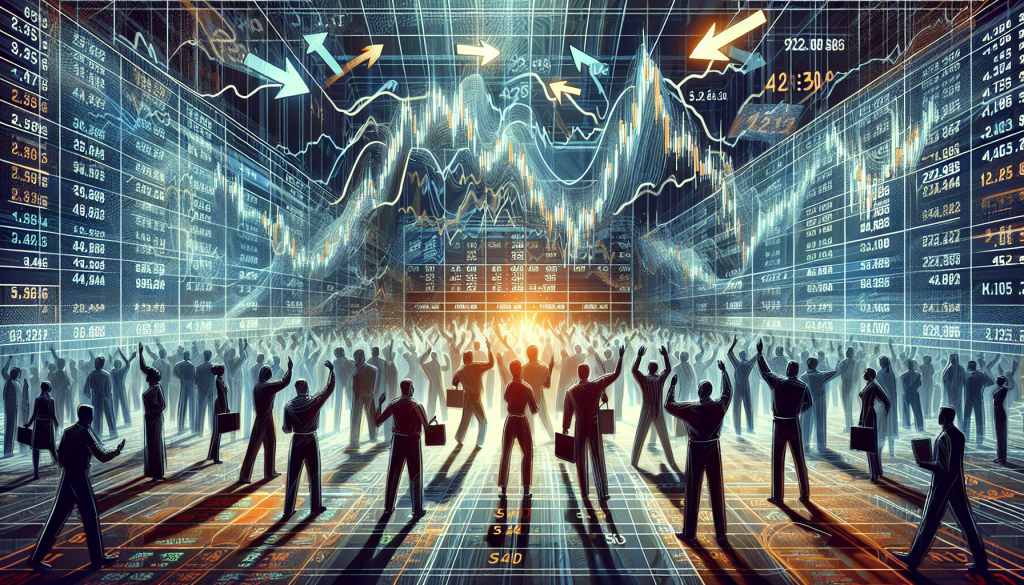 A large crowd of people stands beneath towering digital stock market charts and data screens.
