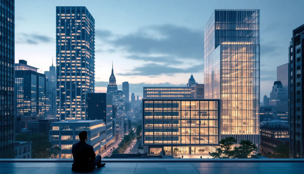 A person sits on a high rooftop overlooking lit skyscrapers in a city.
