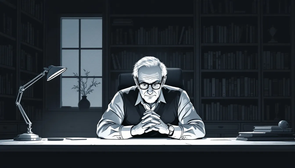 An older man sits thoughtfully with folded hands behind a desk in a library.