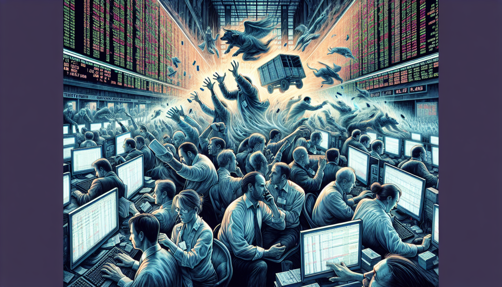 A crowded trading floor features people working at computers beneath glowing stock tickers.