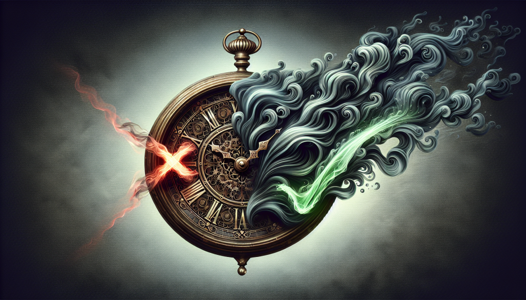 An ornate pocket watch transforms into swirls of smoke with glowing symbols.