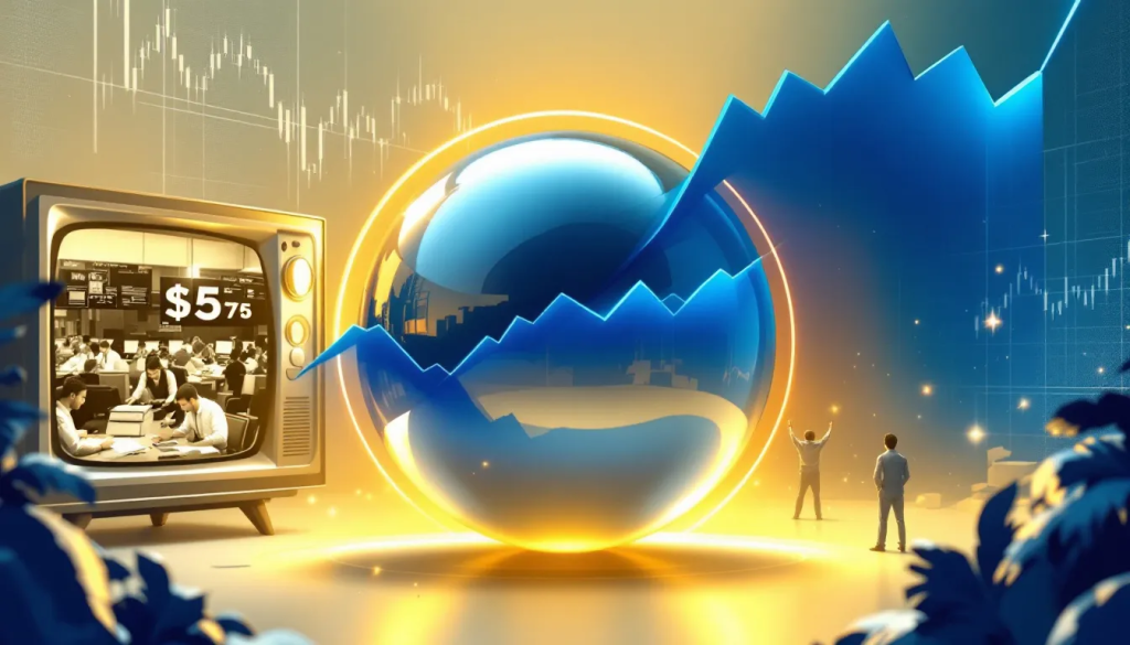 A glowing blue sphere with a rising financial chart sits beside an old television.