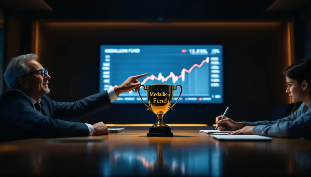 A professional man points toward a golden trophy centered on a boardroom table.