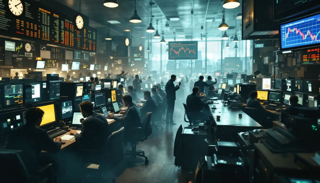 Traders sit at desks viewing financial charts inside a busy modern office floor.
