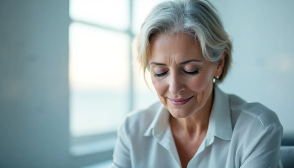An elegant older woman with short grey hair smiles softly indoors.
