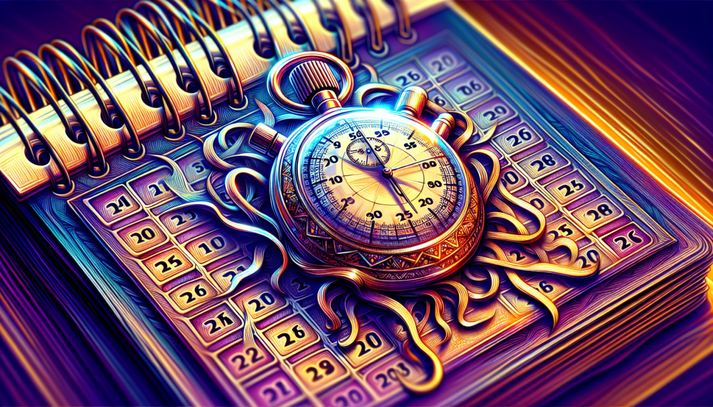 A detailed stopwatch rests on top of an open spiral calendar filled with dates.