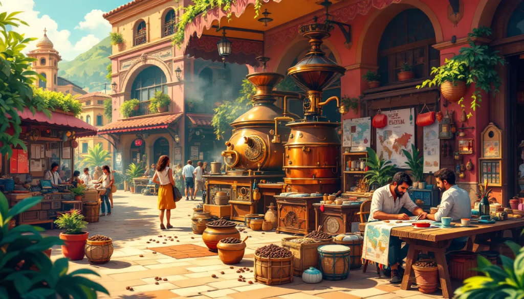 Tools and Platforms for Coffee Trading, depicts traders working in a market.